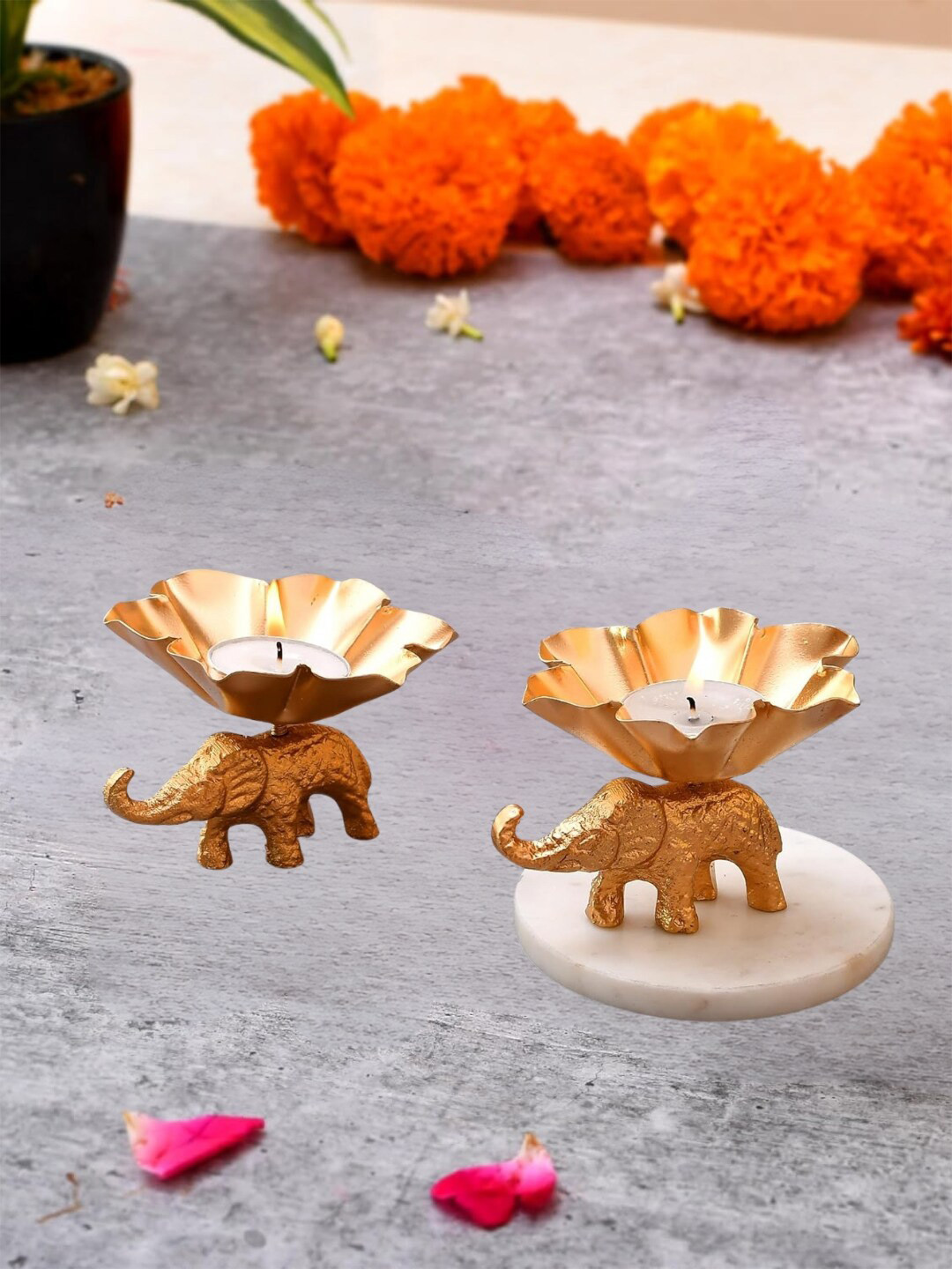 CraftVatika Gold Toned 2 Pieces Metal Tea Light Candle Holders