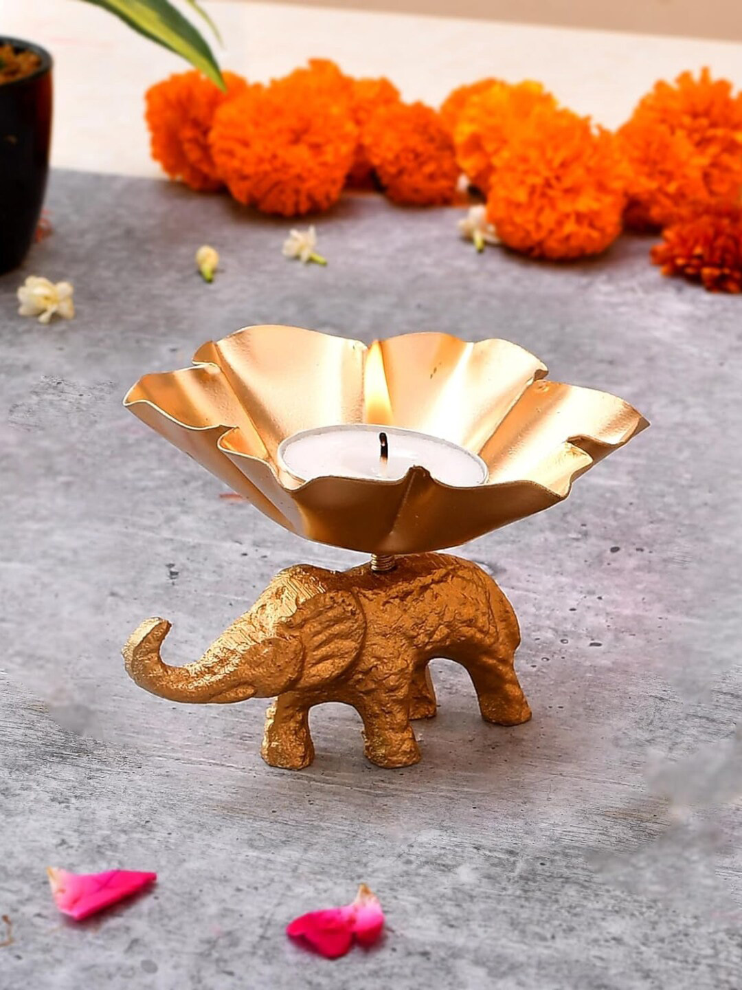 CraftVatika Gold-Toned Flower Shaped Tealight Candle Holder