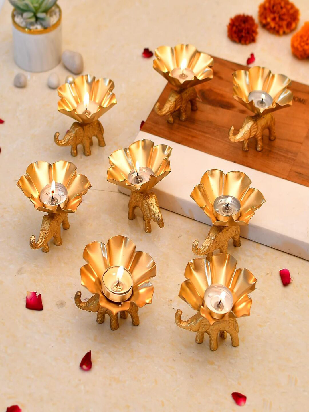 CraftVatika Gold Toned 8 Pieces Metal Tea Light Candle Holders