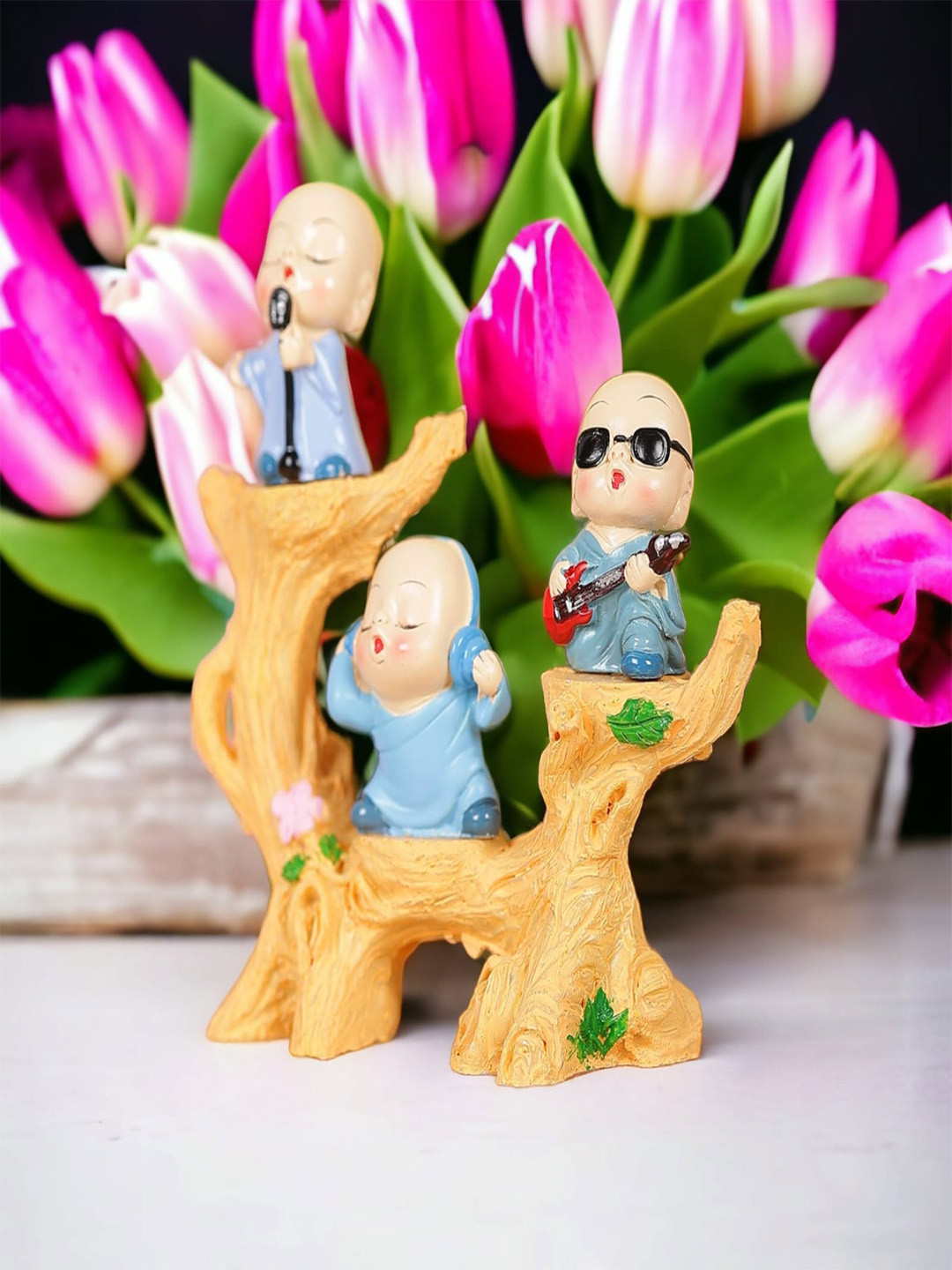 CHOCOZONE Singing Buddha Monks Blue Polyresin Glossy Home Office Set of 3 Small Showpieces - 3.9 Inches