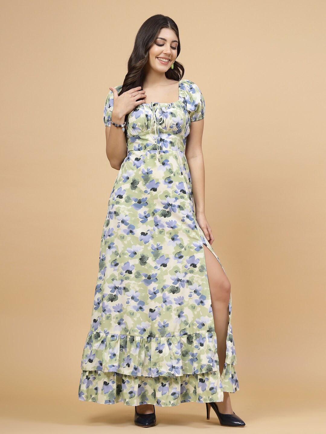 RAASSIO Square Neck Floral Print Puff Sleeve Maxi Dress