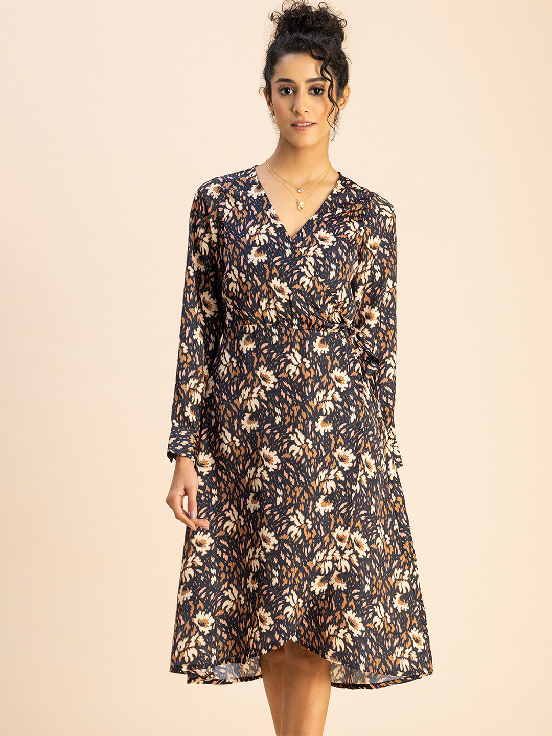 Moomaya Long Sleeves V Neck Floral Print Satin Fit & Flare Dress