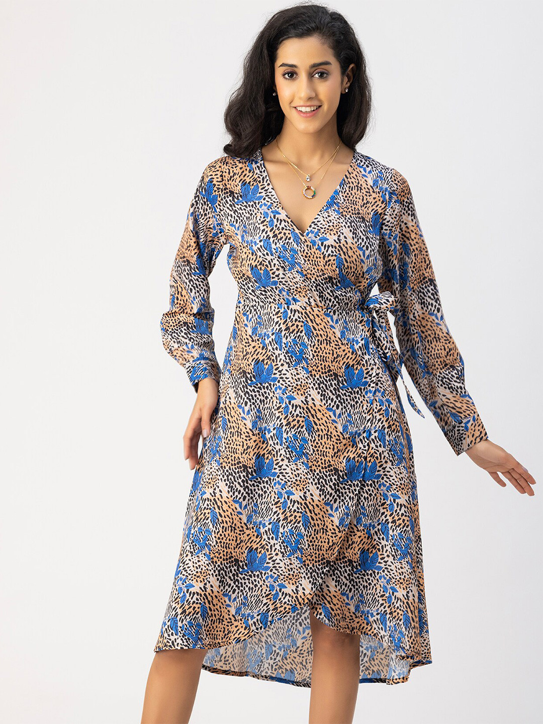 Moomaya V Neck Long Sleeves Floral Print Satin Wrap Dress