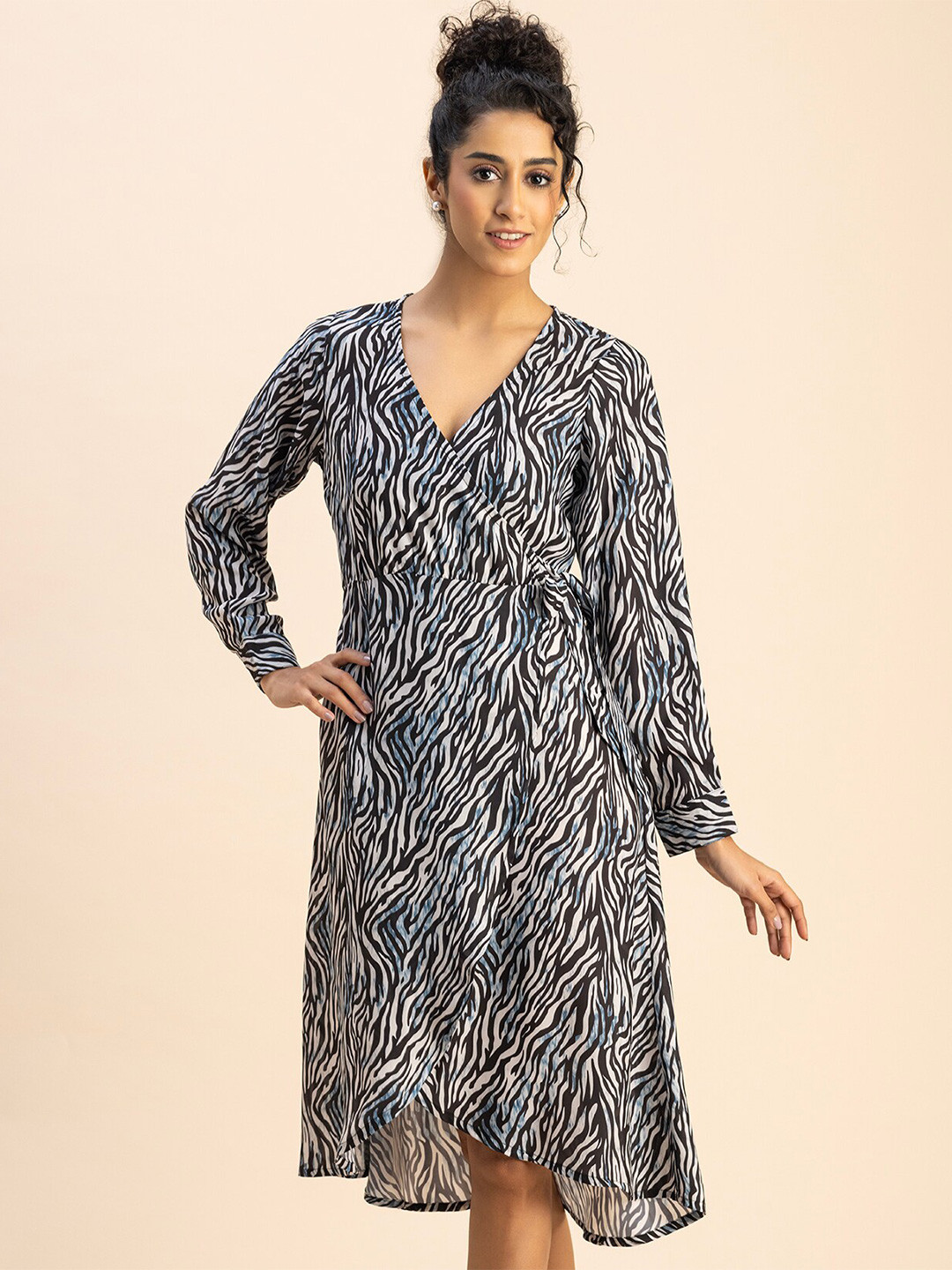 Moomaya V Neck Long Sleeves Animal Print Satin Wrap Dress