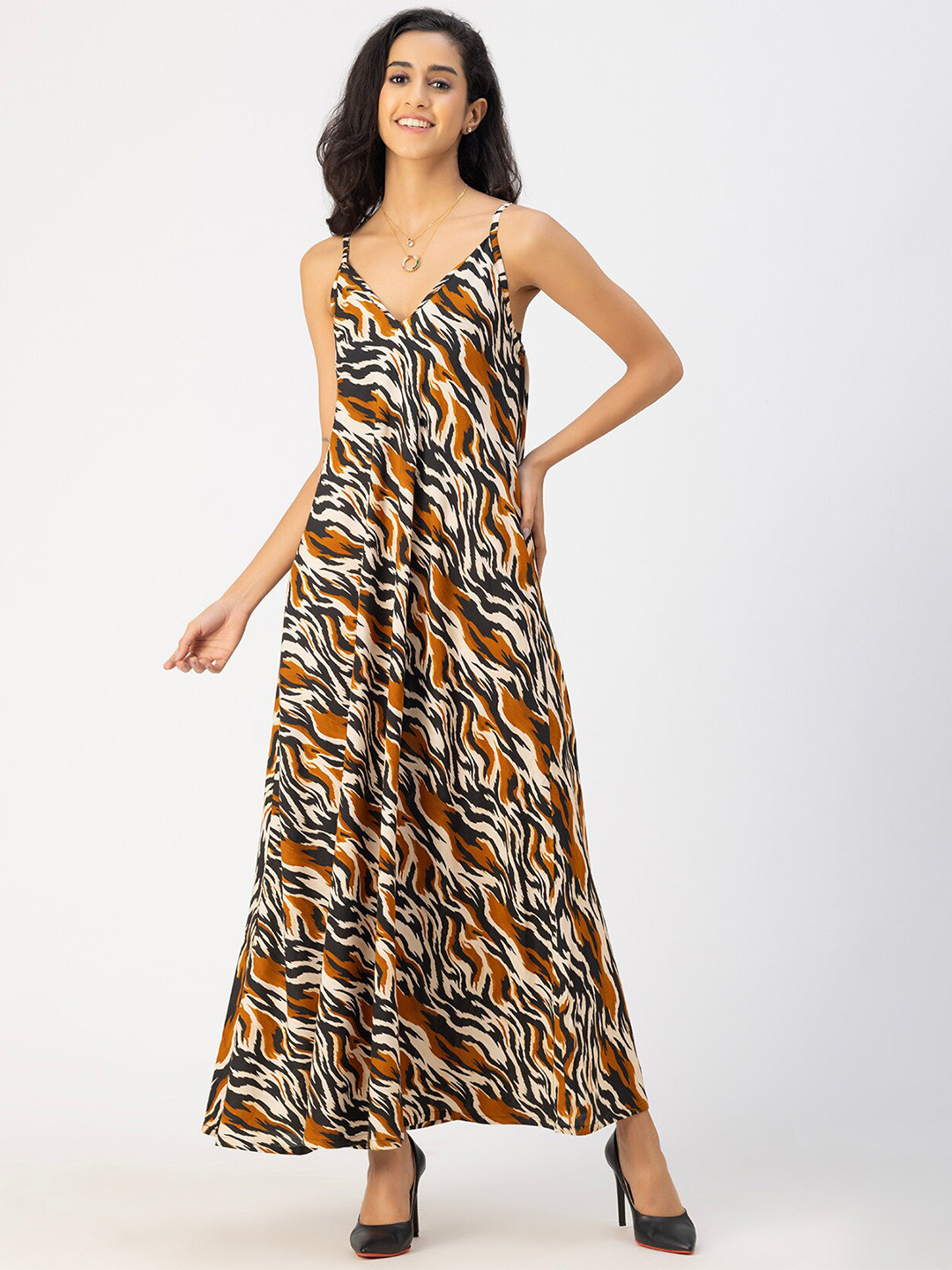 Moomaya V Neck Shoulder Strap Animal Print Maxi Dress