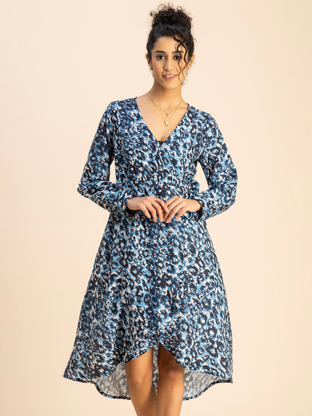 Moomaya V Neck Long Sleeves Floral Print Satin Wrap Dress