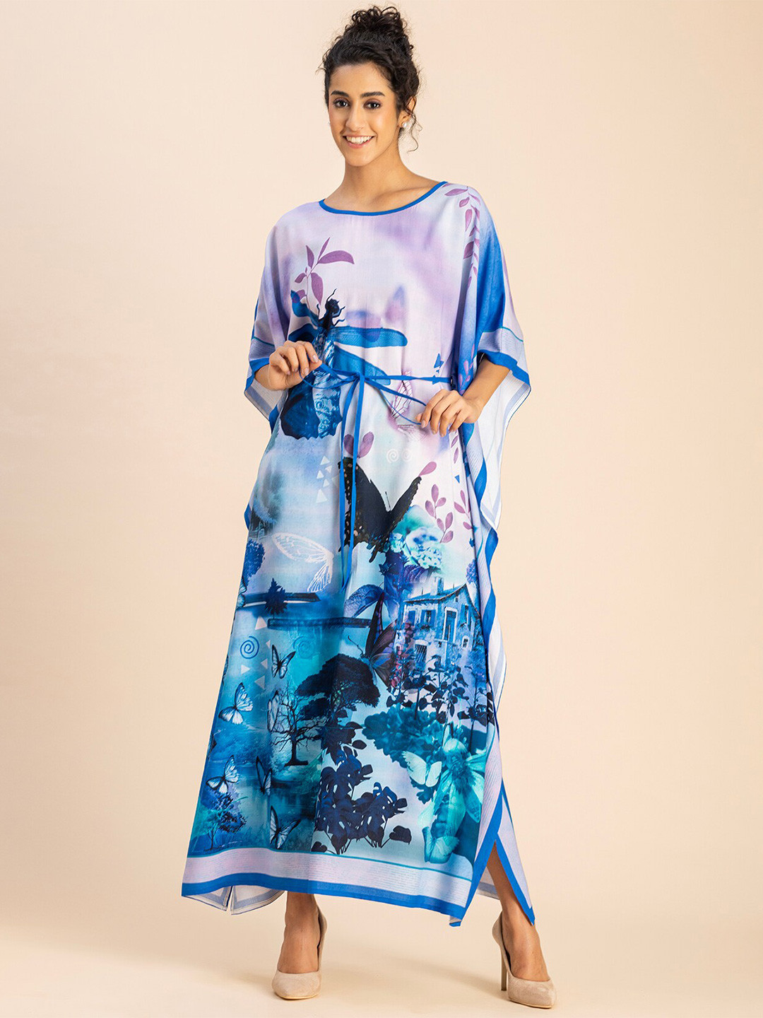 Moomaya Round Neck Short Sleeve Abstract Print Kaftan Maxi Dress