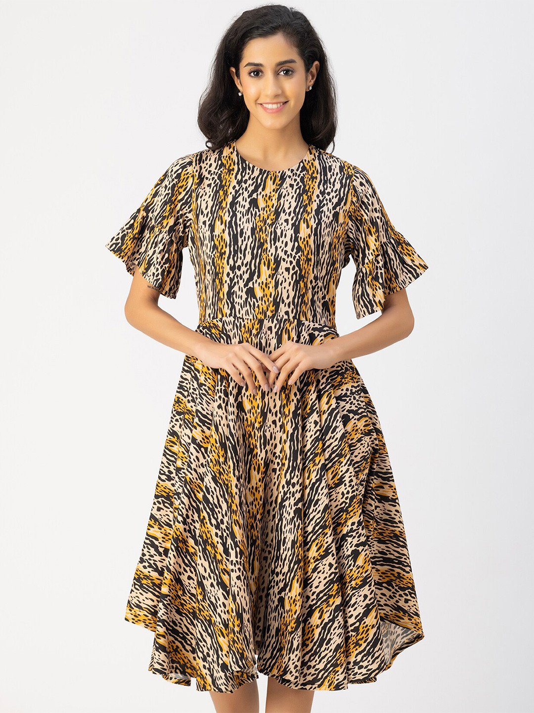 Moomaya Round Neck Short Flutter Sleeves Abstract Print Fit & Flare Midi Dress