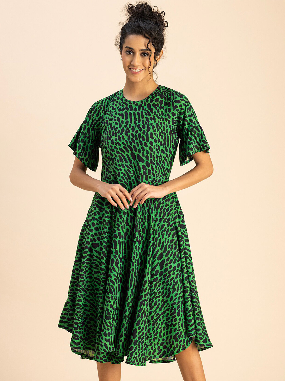 Moomaya Round Neck Short Sleeves Animal Print Fit & Flare Dress