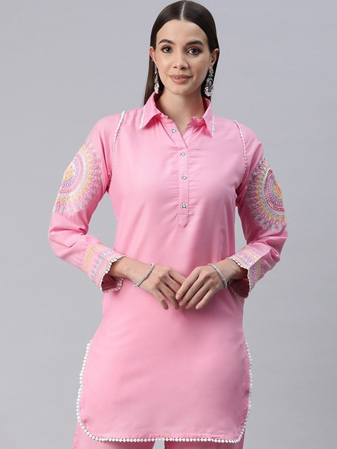 Readiprint Women Printed Pathani Thread Work Pure Silk Kurti with Salwar