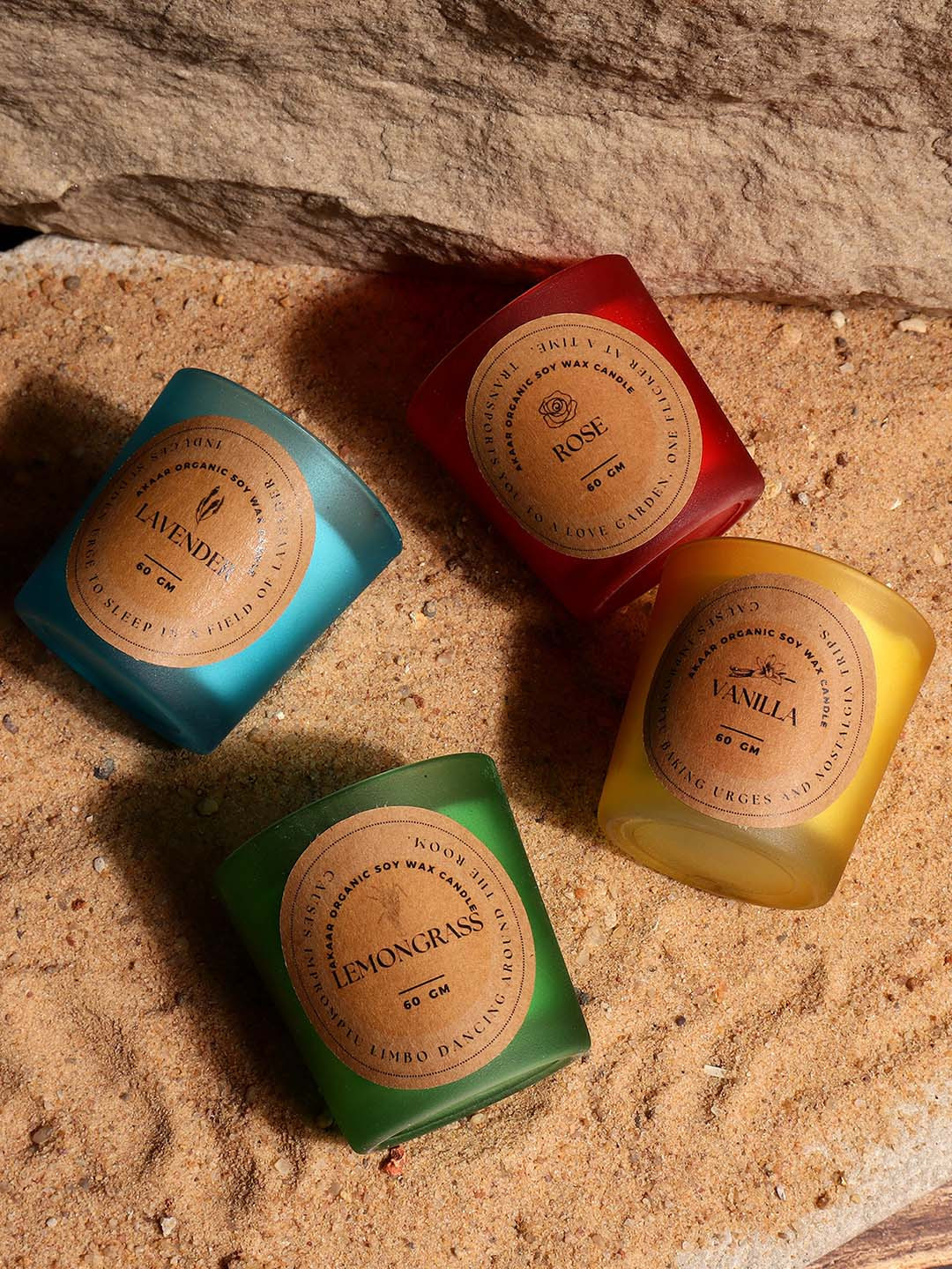 Akaar Dcor's 4Pcs Lemon Grass, Rose, Vanilla, Lavender Solid Geometric Regular Jar Candles