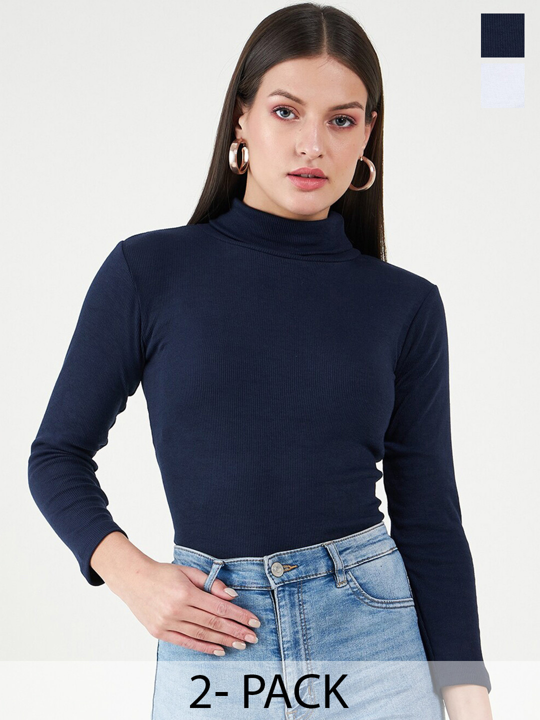 Bitterlime Set of 2 Long Sleeves Turtle Neck Fitted Top