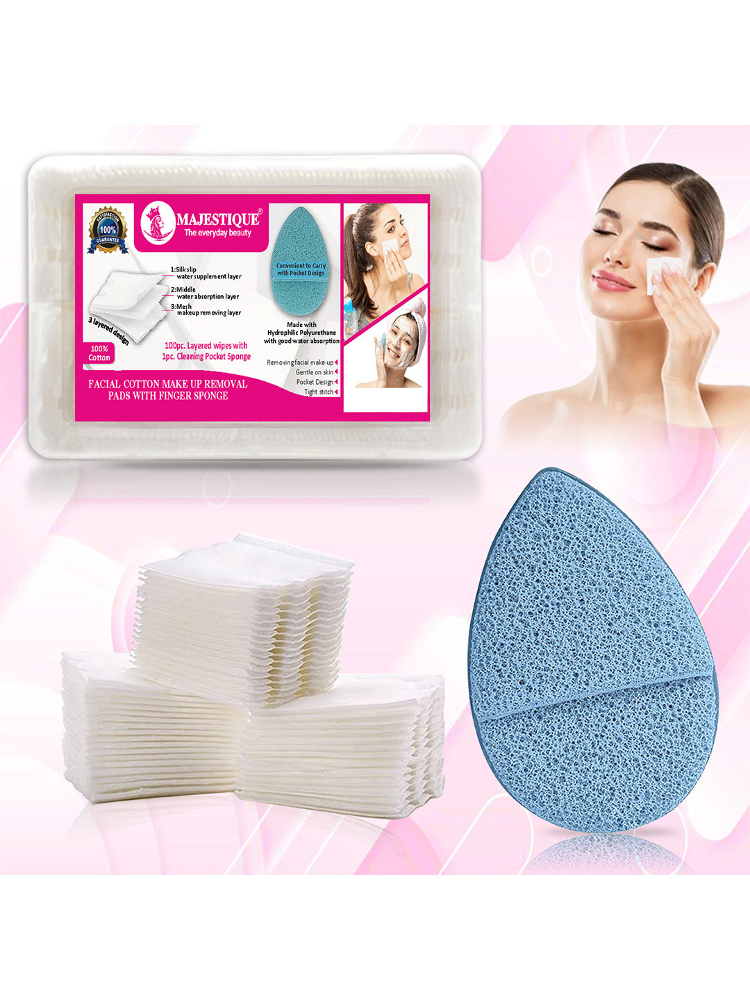MAJESTIQUE Set of Facial Cotton Wipes - 100 Pieces & Cleansing Sponge