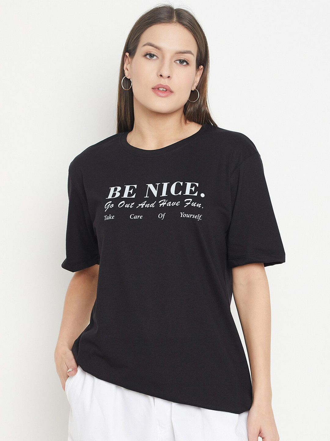 Mast & Harbour Black & White Typography Printed Round Neck Cotton Oversized T-shirt