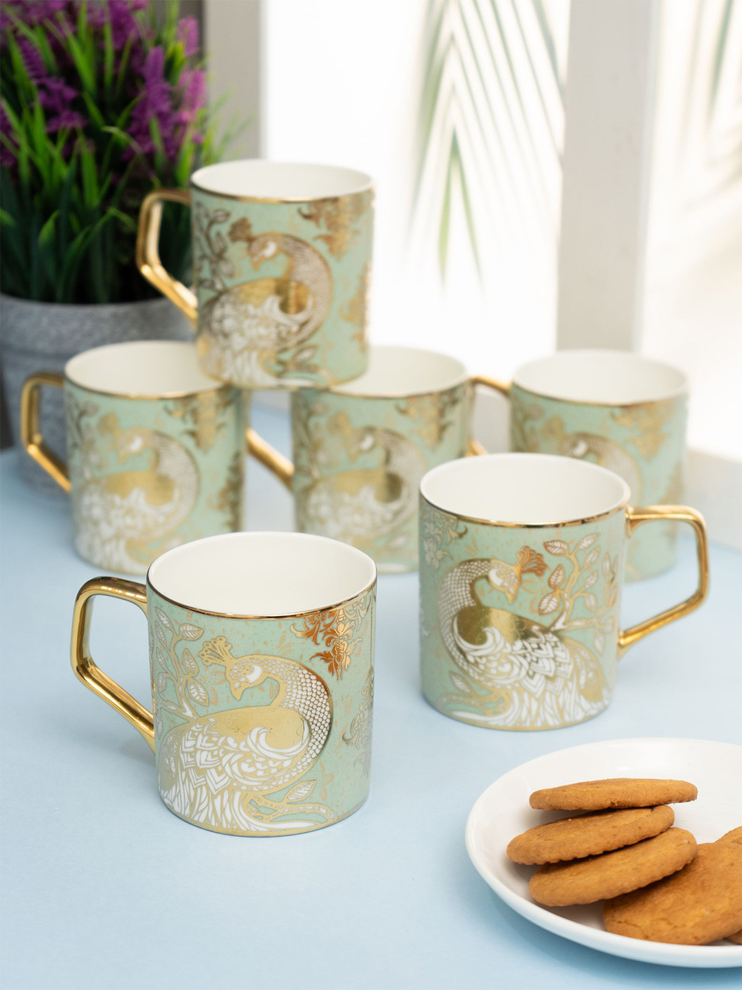 CLAY CRAFT White & Green 6 Pieces Ethnic Motifs Printed Ceramic Tea Cups 200ml