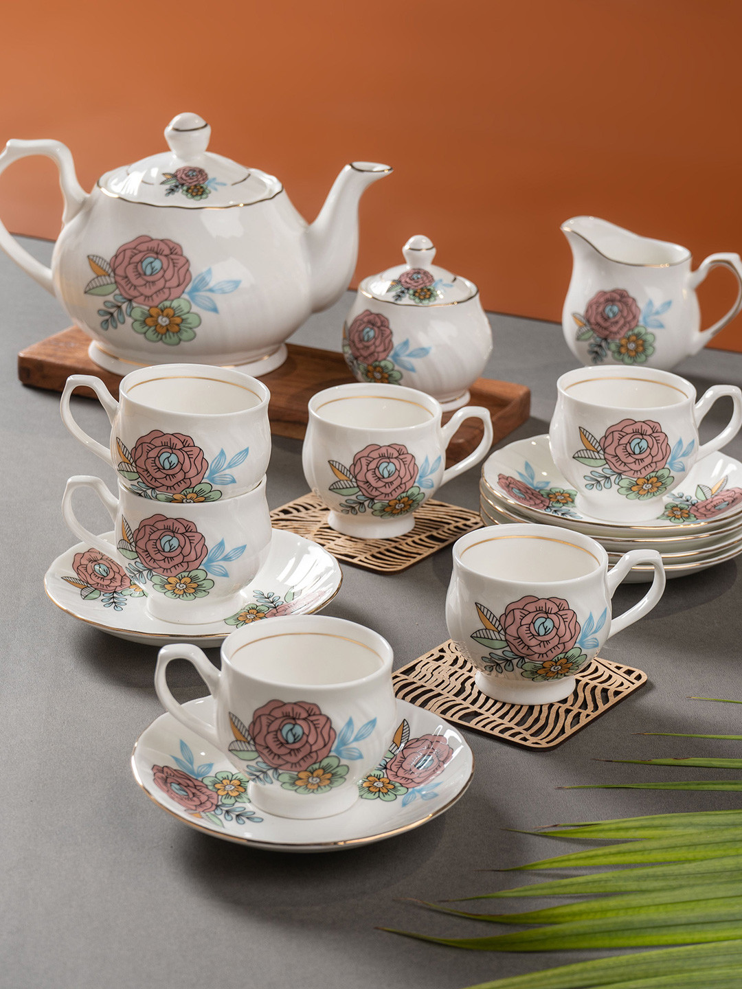 CLAY CRAFT White & Pink 15Pcs Floral Printed Ceramic Glossy Kettle Set Of Cups & Mugs