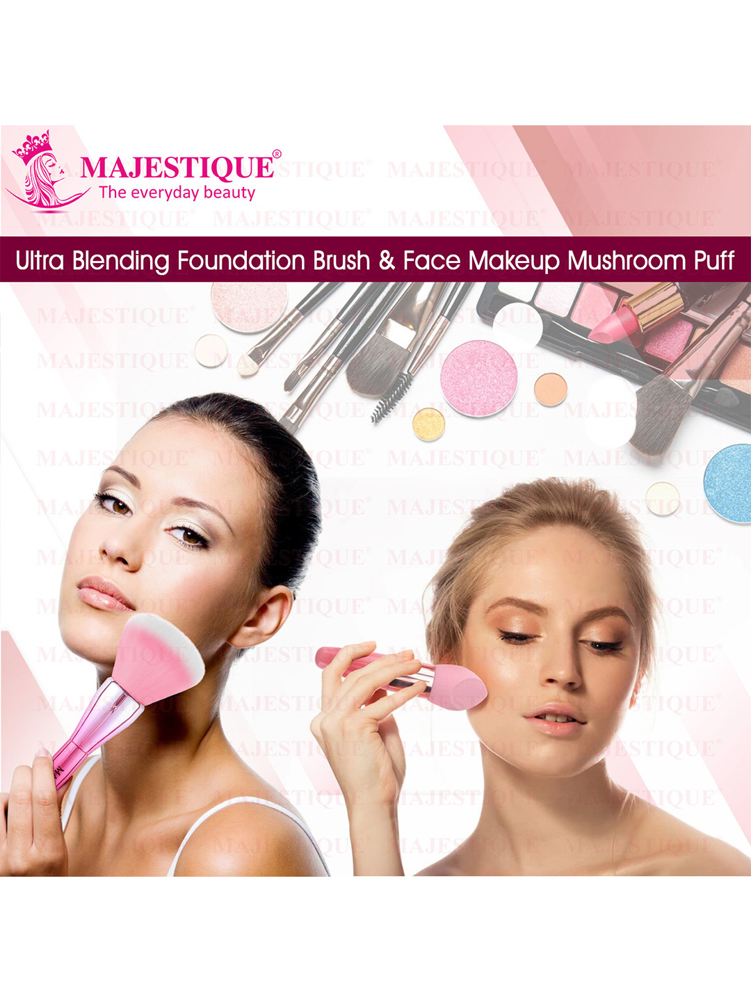 MAJESTIQUE Set of Makeup Foundation Brush & Mushroom Puff - Pink