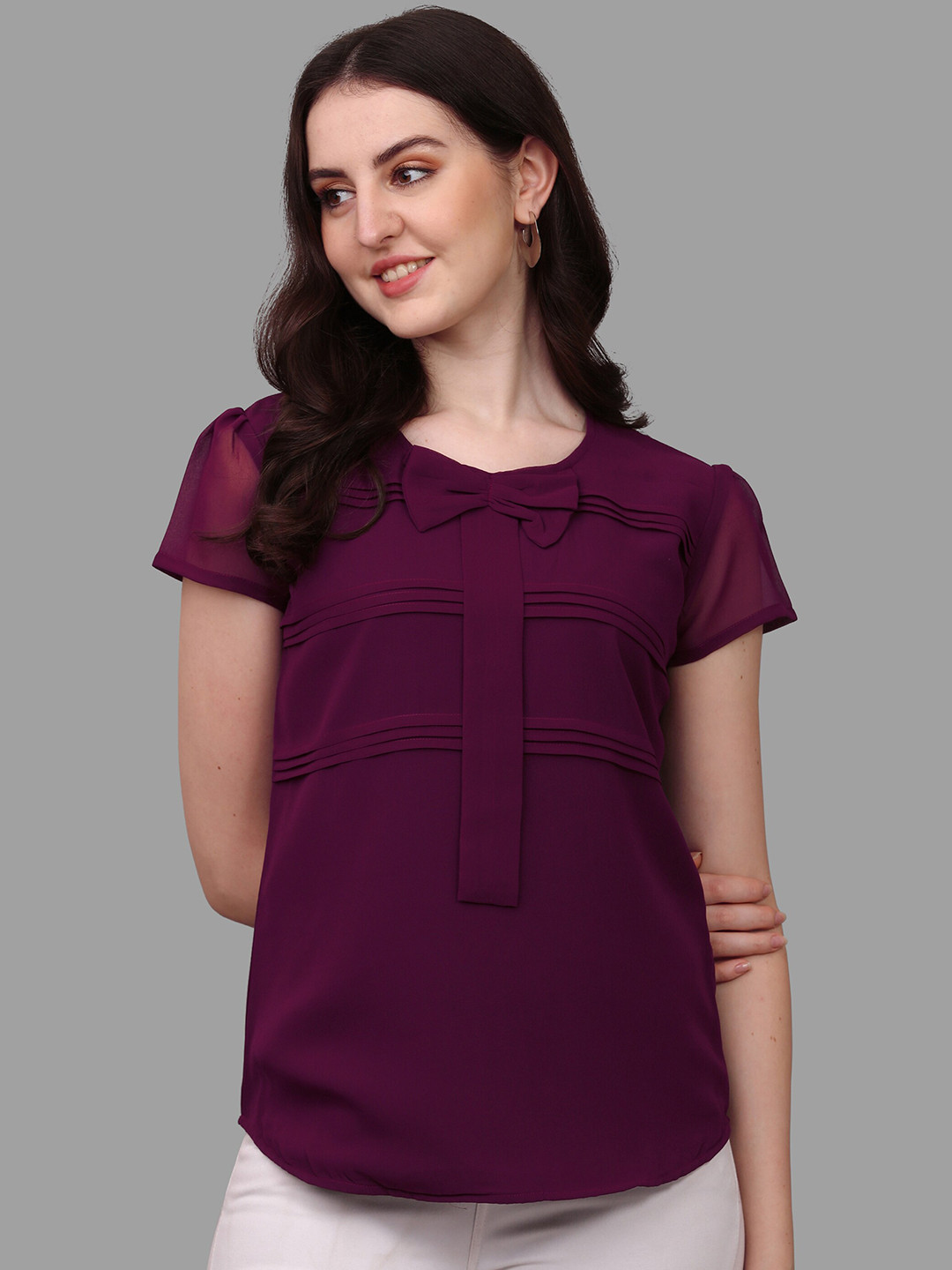 Kinjo Short Sleeves Georgette Bow Top