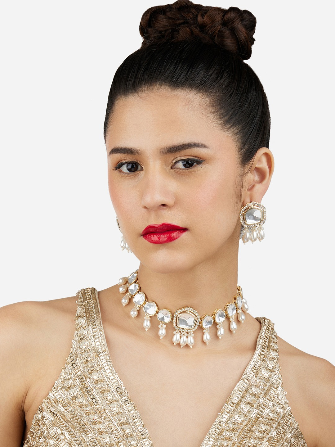 Zaveri Pearls Austrian Diamonds-Studded & Beaded Necklace and Earrings