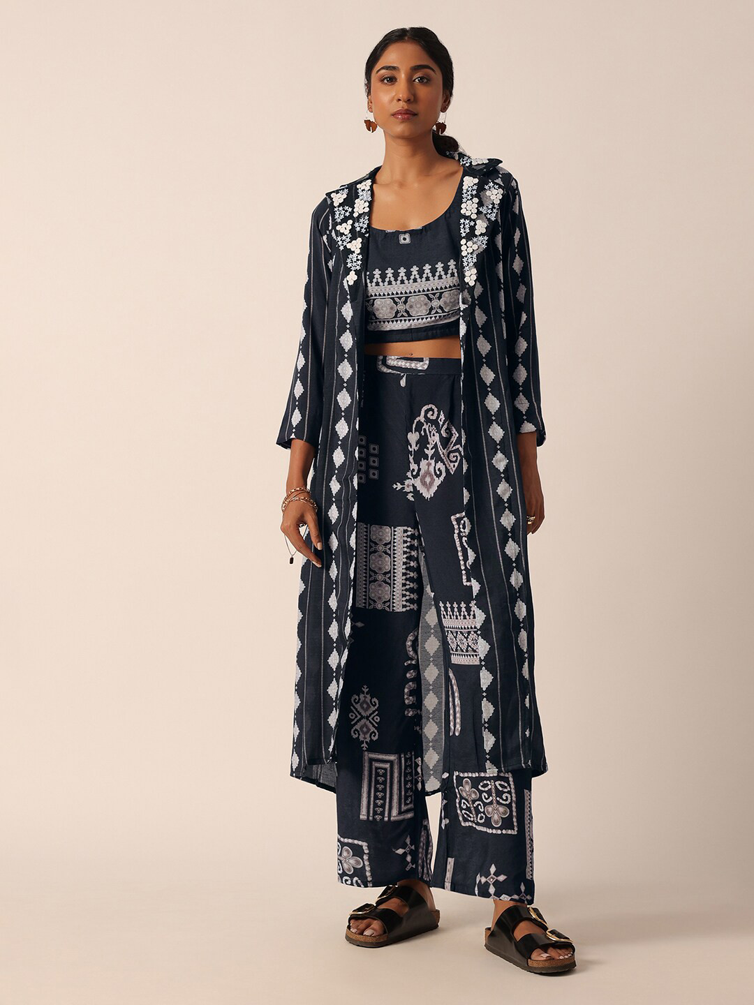 KALKI Fashion Printed Round Neck Top Trousers With Jacket  Co-Ords