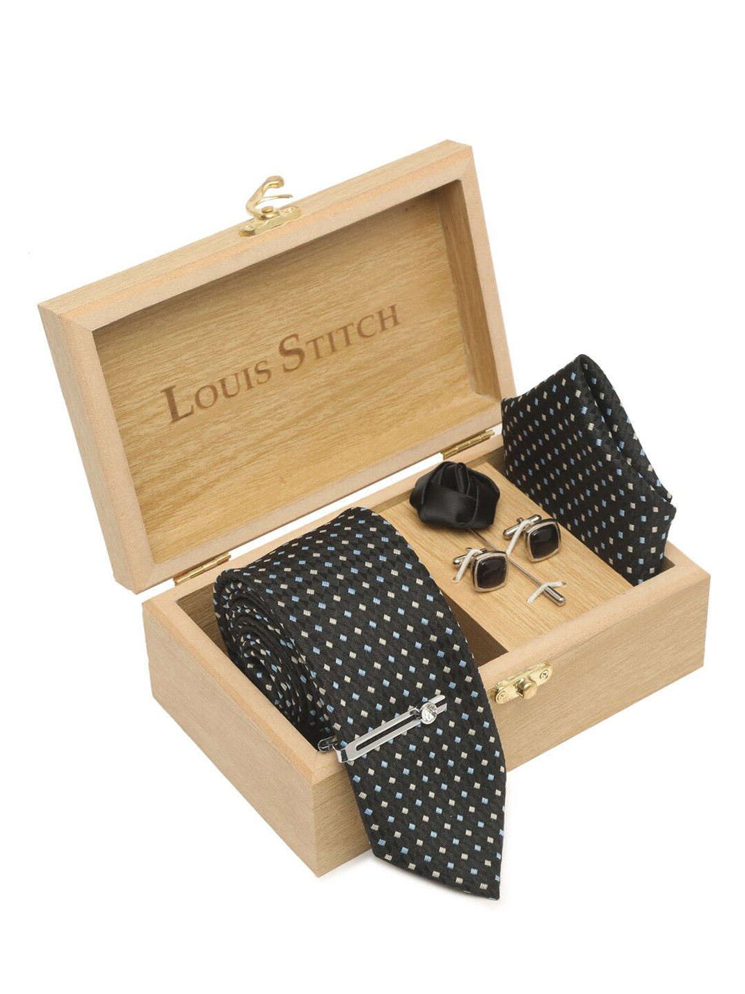 LOUIS STITCH Woven Designed Italian Silk Necktie Accessory Gift Set