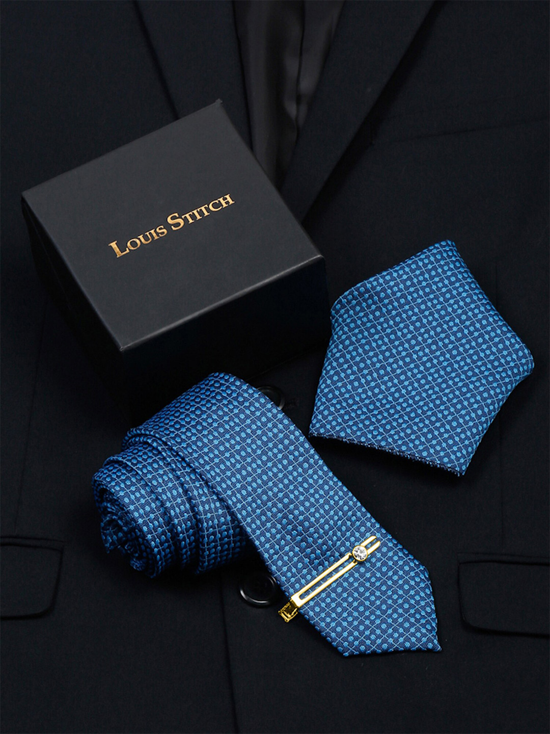 LOUIS STITCH Men Woven Design Silk Tie with Tie Pin & Pocket Square Accessory Gift Set