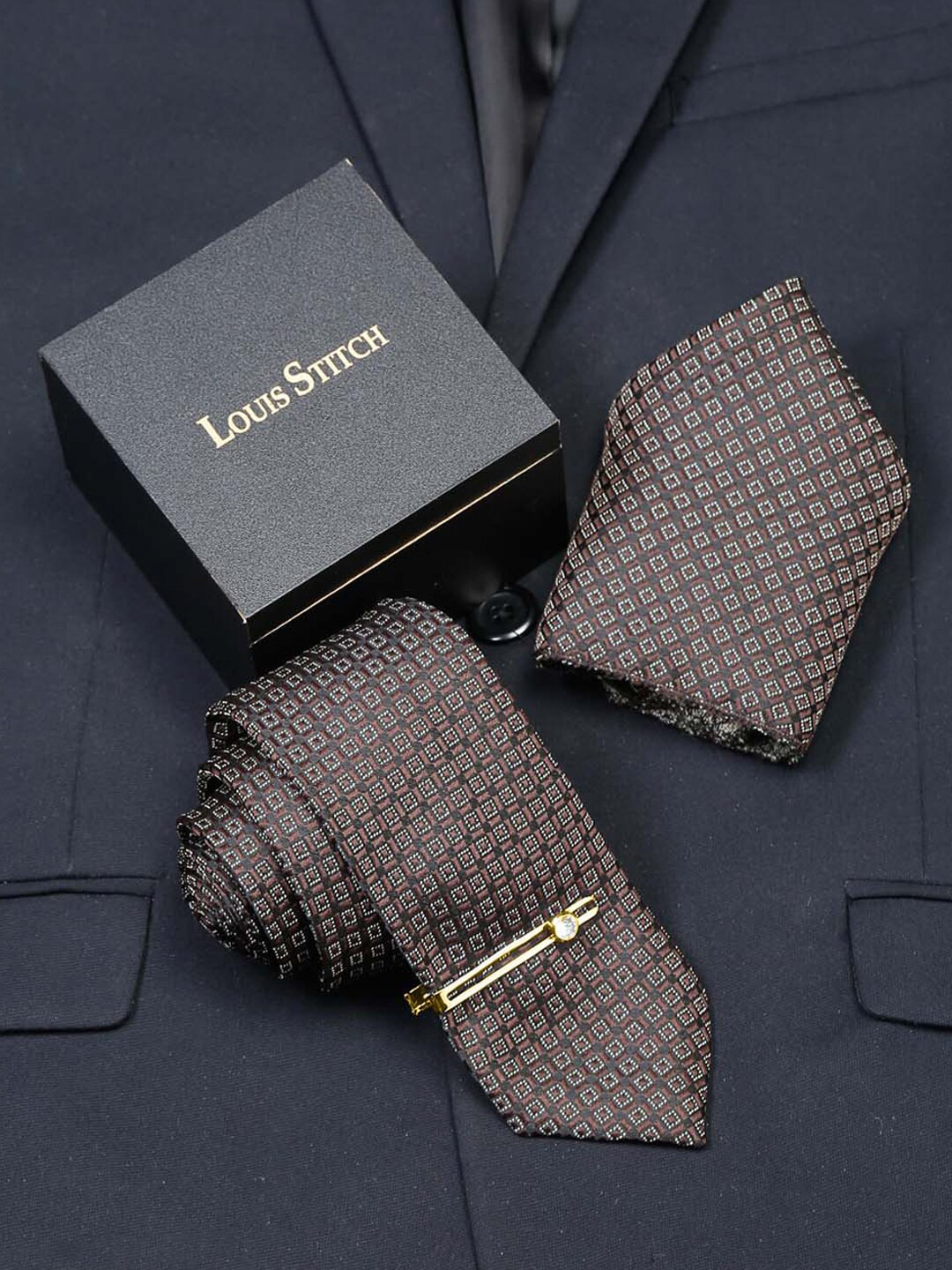 LOUIS STITCH Men Printed Silk Tie with Tie Pin & Pocket Square Accessory Gift Set