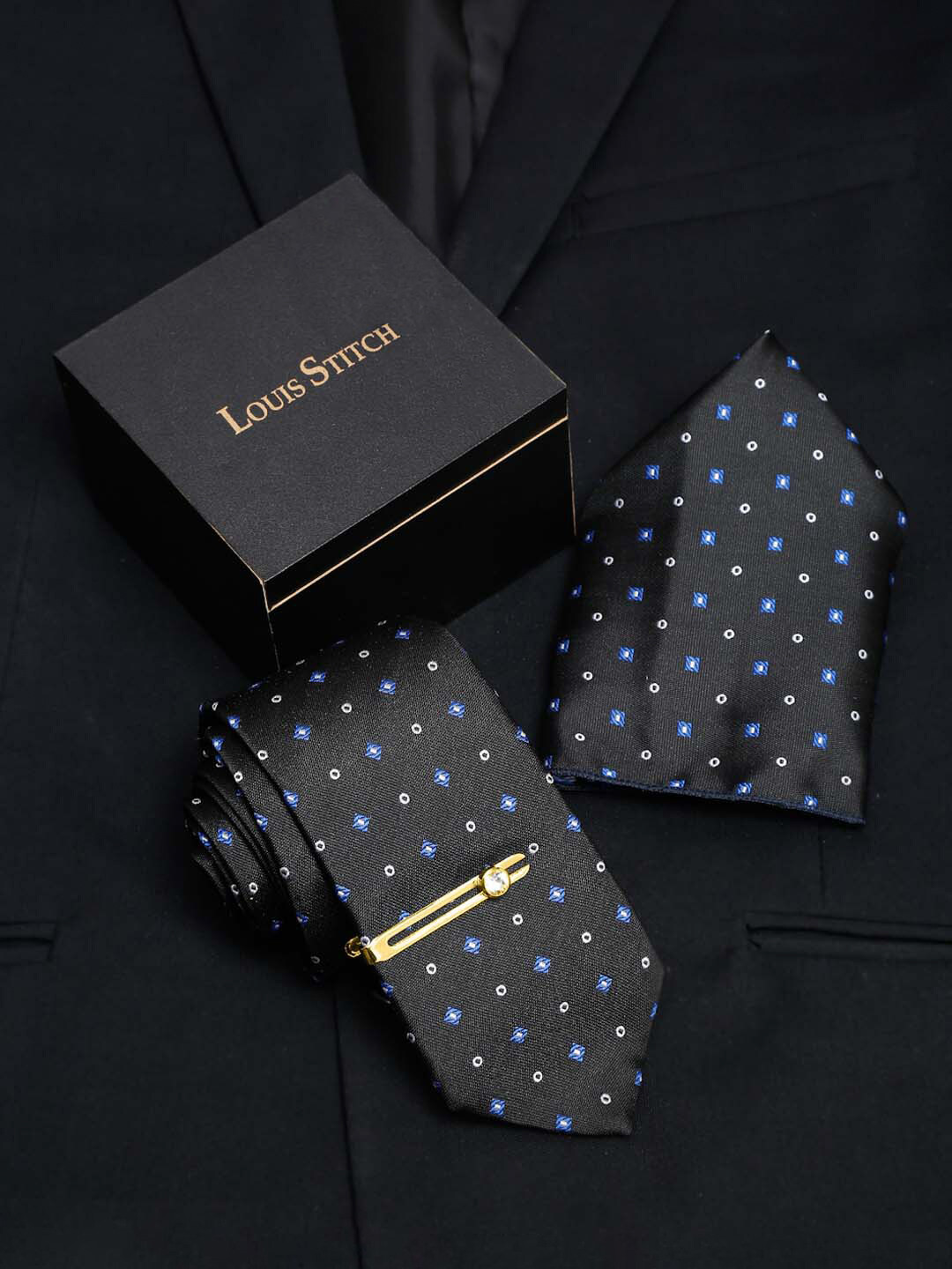 LOUIS STITCH Men Geometric Printed Italian Silk Necktie Accessory Gift Set