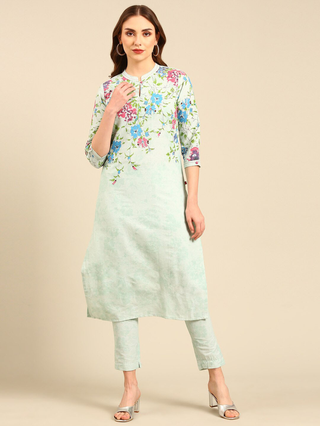 Marcia Mandarin Collar Floral Printed Pure Cotton Straight Kurta with Trousers