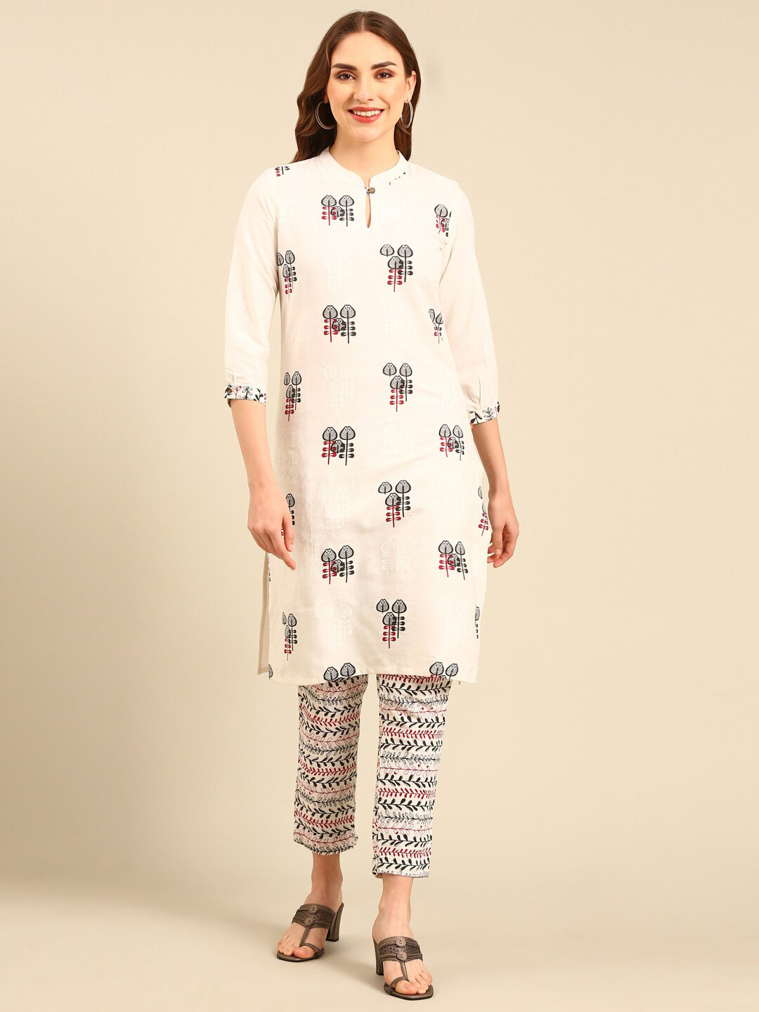 Marcia Keyhole Neck Ethnic Printed Straight Pure Cotton Kurta with Trousers