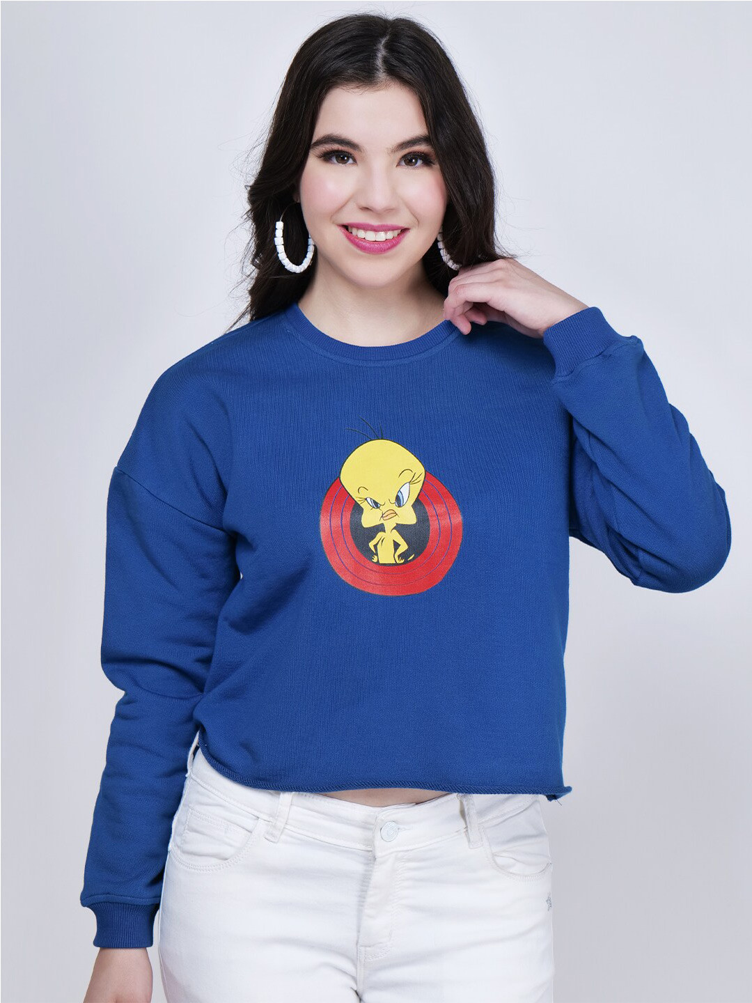 CHARMGAL Tweety Graphic Printed Drop-Shoulder Sleeves Cotton Pullover Sweatshirt