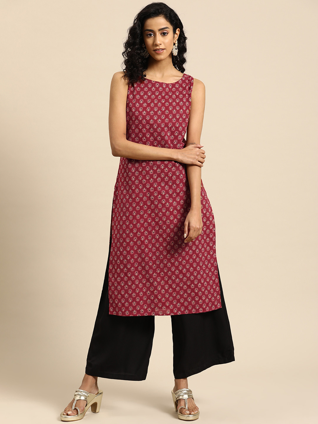 anayna Women Ethnic Motifs Printed Kantha Work Dobby Kurta