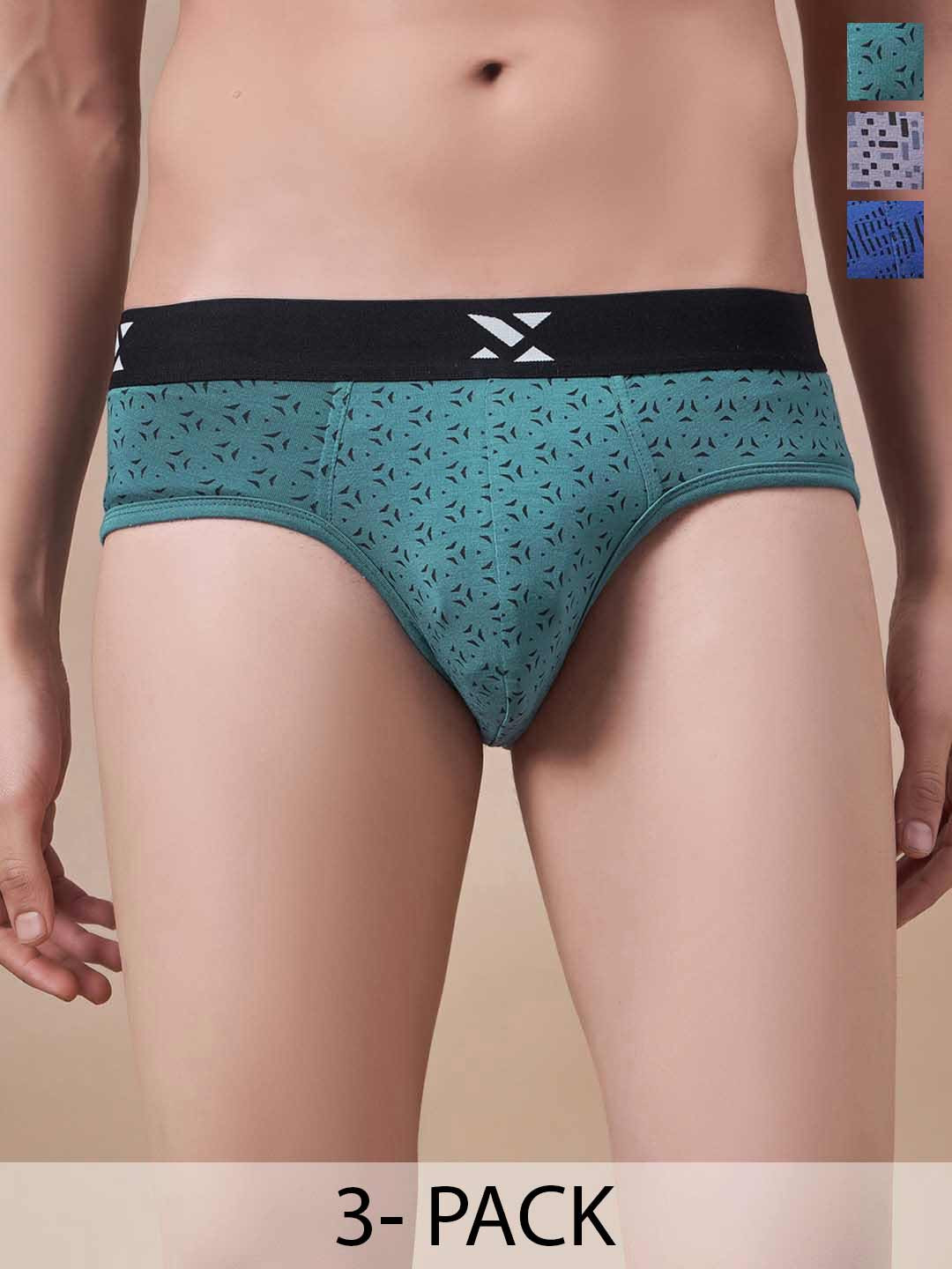 Masch Sports Pack Of 3 Printed Anti Microbial Basic Briefs BRF-3-PRT-EI-GRN-ET-GRY-BLU