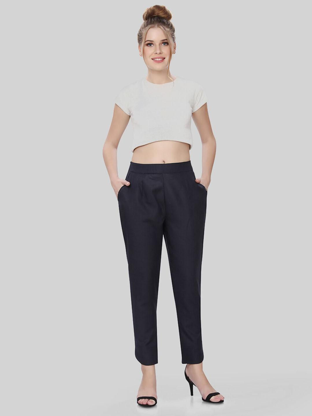 TITTLI Women Mid-Rise Comfort Straight Fit Pleated Silk Cigarette Trousers