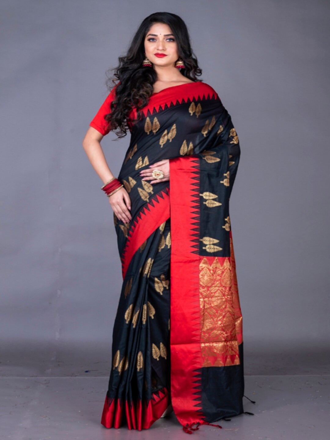 Morchari Black & Red Woven Design Chanderi Saree