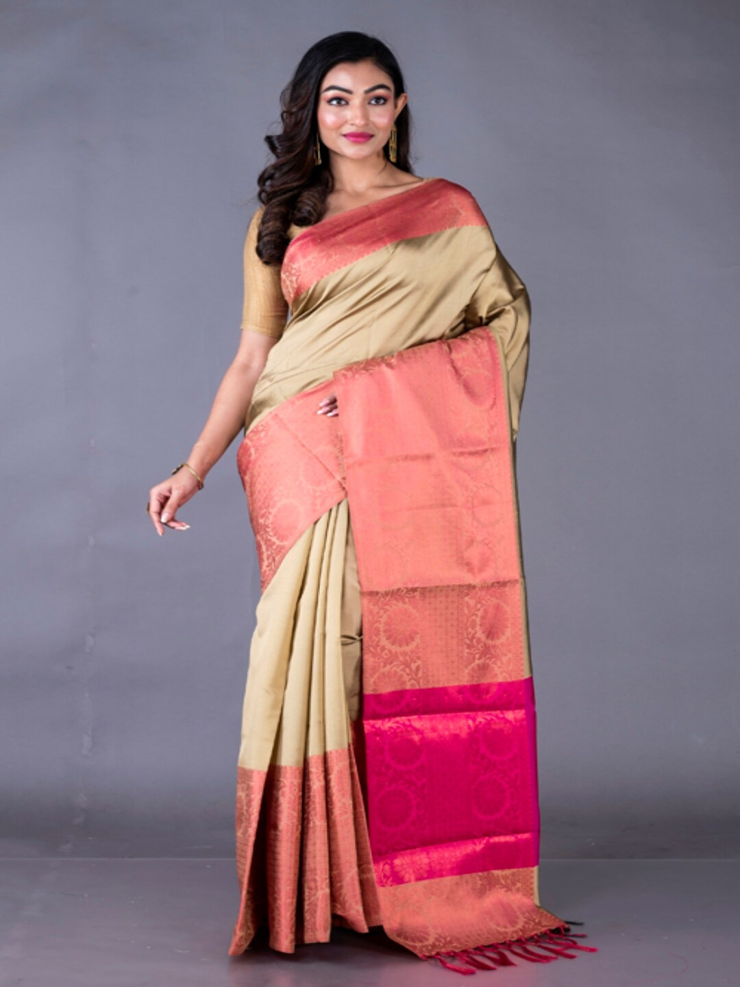 Morchari Gold-Toned & Pink Zari Woven Design Banarasi Saree