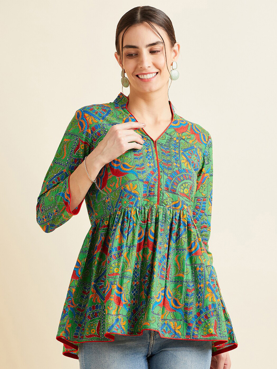 PANIT Green & Red Ethnic Motifs Printed Kalamkari Empire Anarkali Pure Cotton Kurti