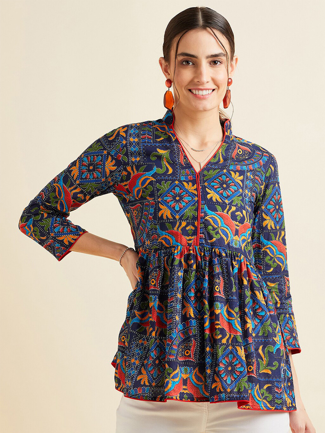 PANIT Navy Blue & Red Ethnic Motifs Printed Kalamkari Empire Anarkali Pure Cotton Kurti