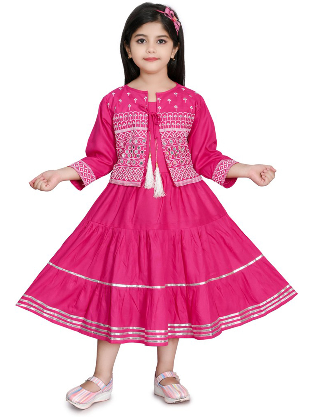 BAESD Girls Round Neck Fit & Flare Linen Midi Dress With Jacket