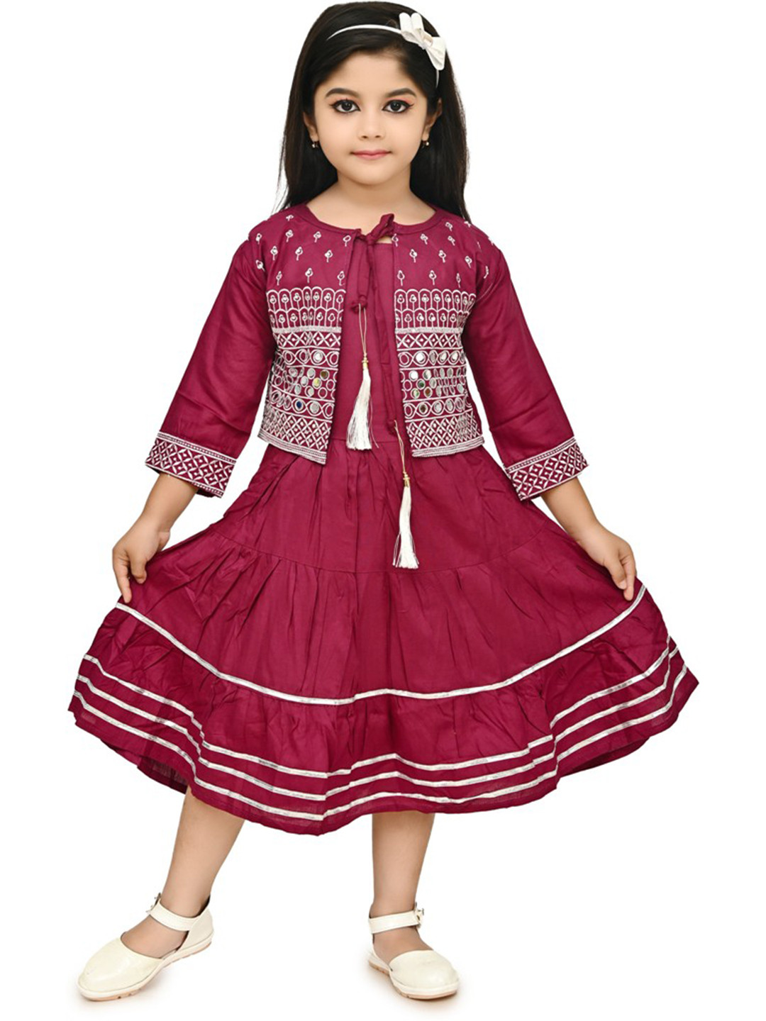 BAESD Linen Embroidered Tie Up Neck Three-Quarter Sleeves  A-Line Midi Dress