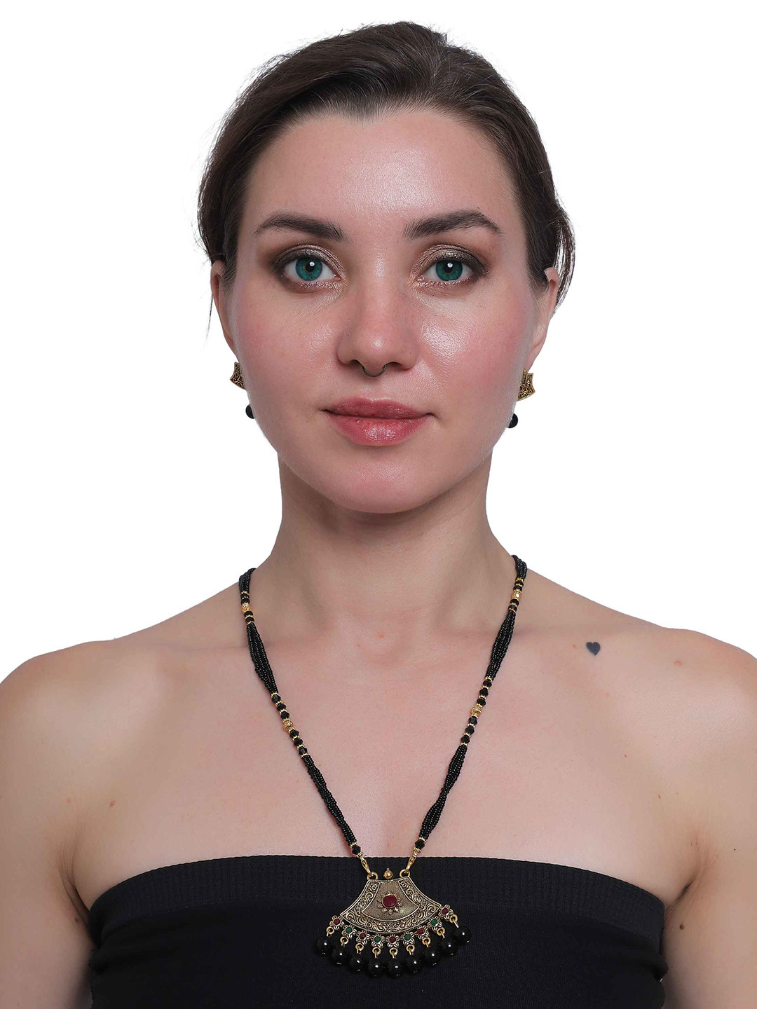 PRASUB Oxidised Gold-plated Stone-studded & Beaded Mangalsutra Jewellery Set