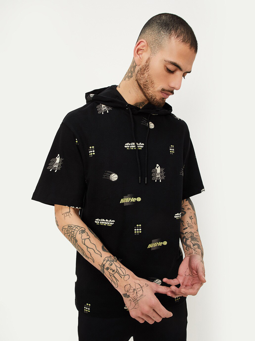 max Boxy Fit Conversational Printed Hooded Casual T-shirt