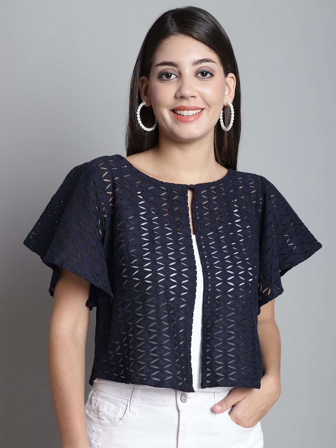 Dressitude Self Design Flared Sleeves Lace Shrug