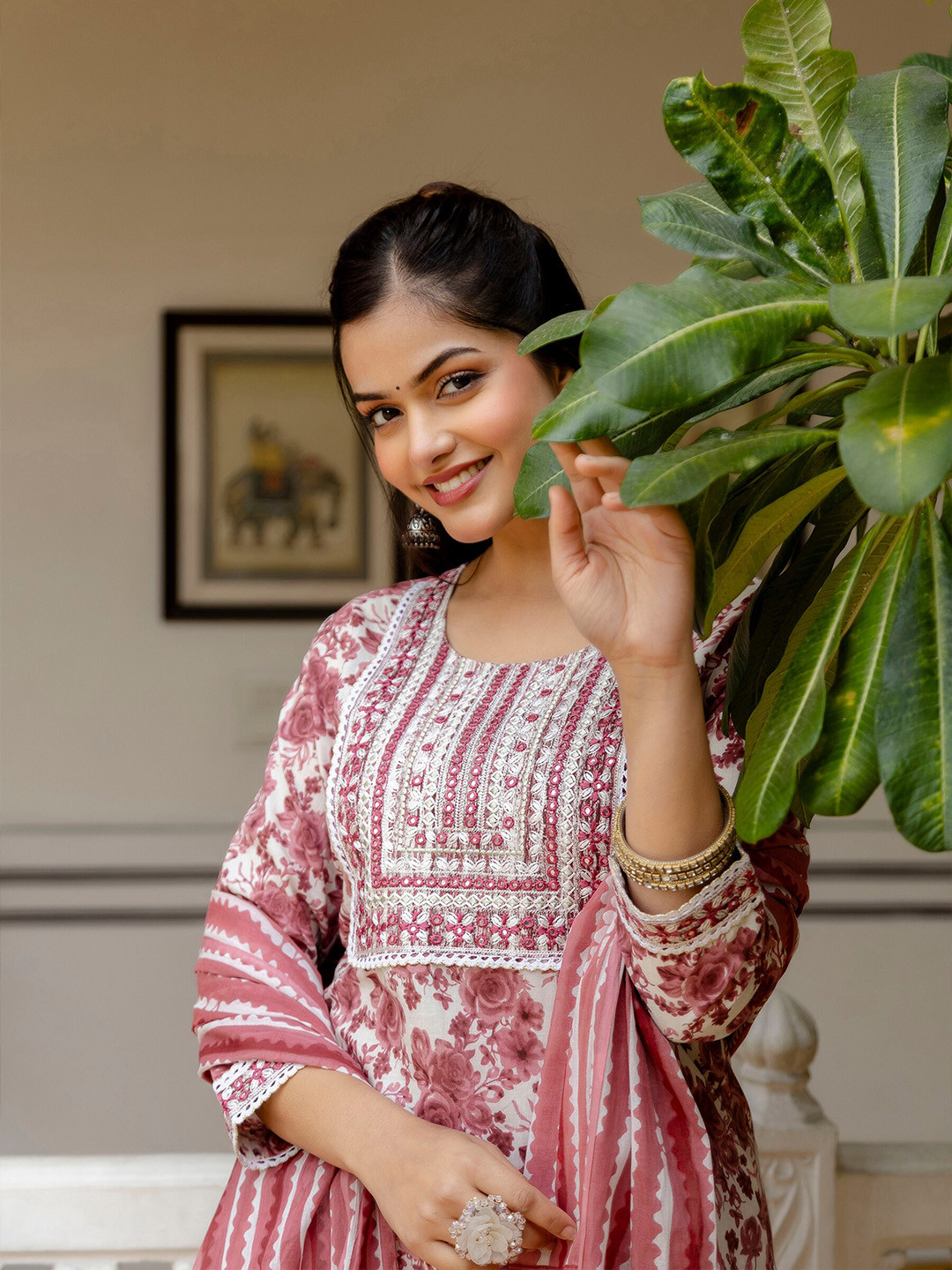 Anouk Floral Embroidered Regular Mirror Work Pure Cotton Kurta with Patiala & Dupatta