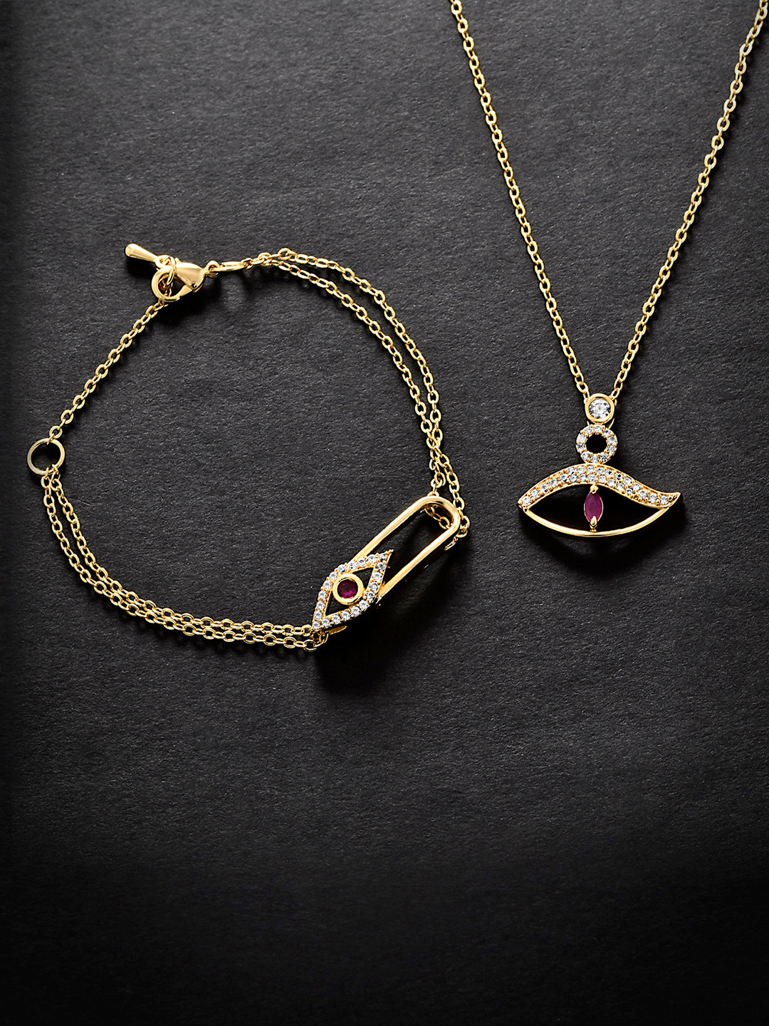 MINUTIAE Gold-Plated Crystals Stone-Studded & Evil Eye Charm Jewellery Set