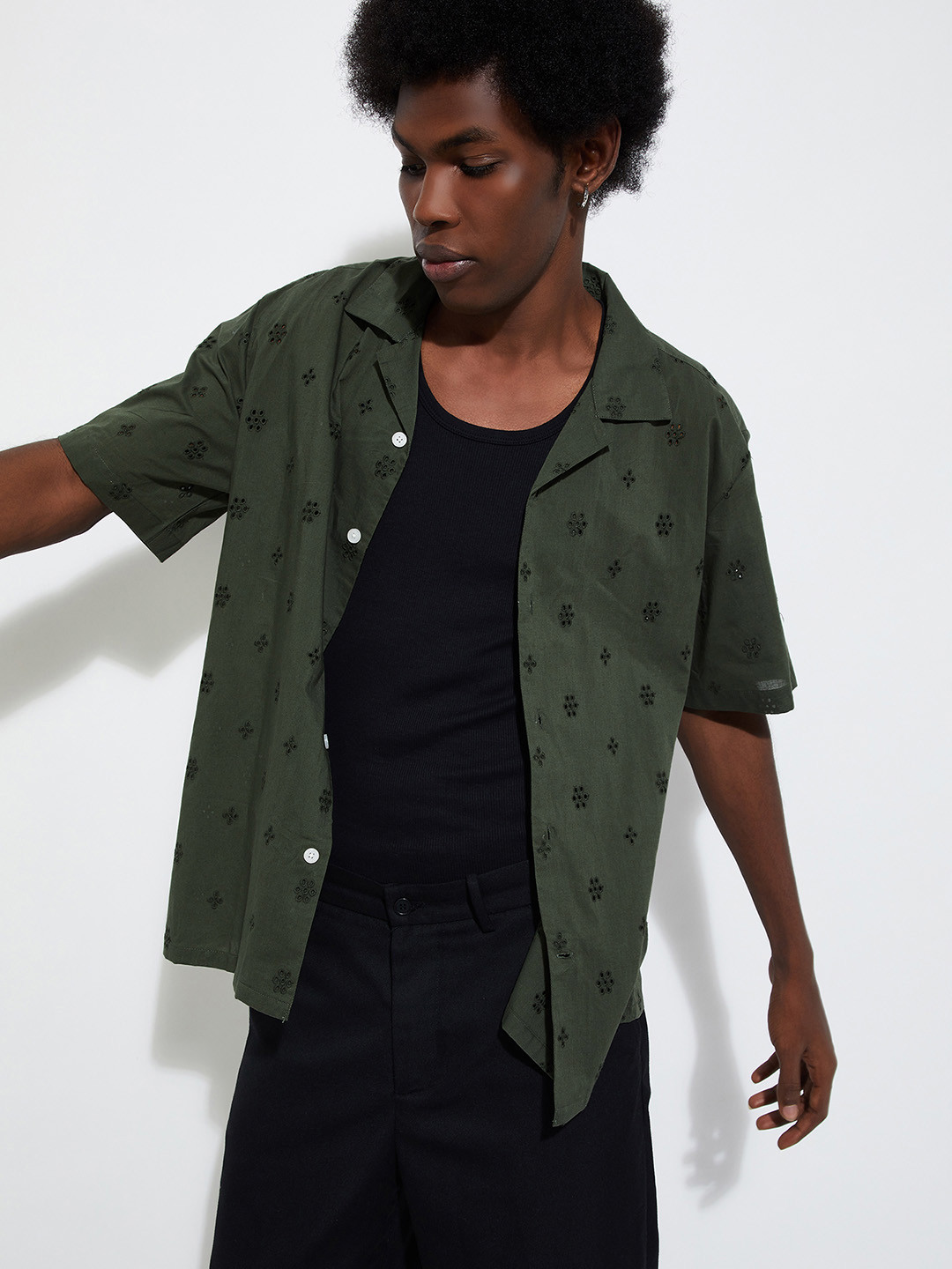 max URB_N Men Spread Collar Cuban Collar Schiffli Cotton Shirt