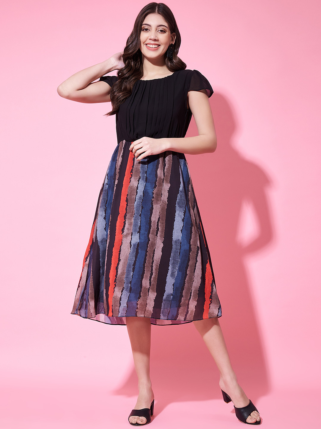 Fbella Stripe Printed Georgette Fit & Flare Midi Dress