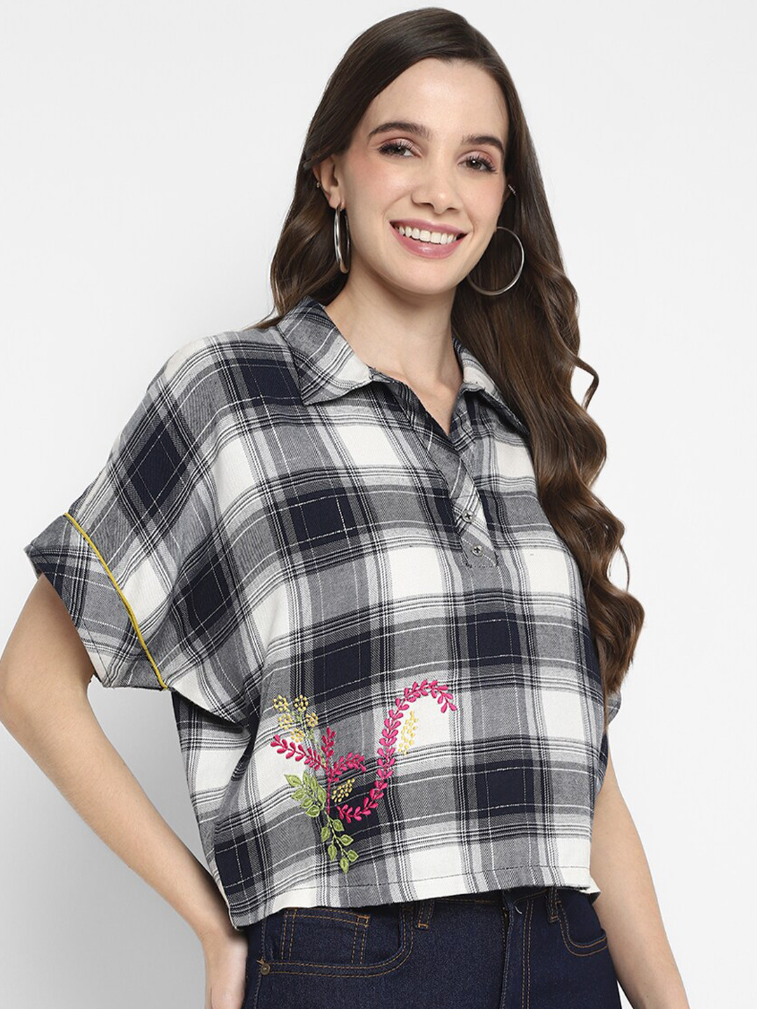 Taurus Checked Extended Sleeves Cotton Shirt Style Top