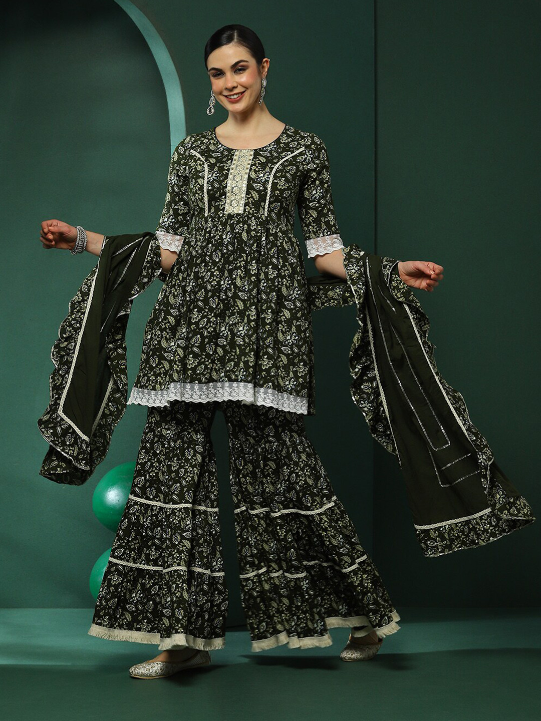 AKS Couture Floral Printed Pleated Thread Work Pure Cotton Kurta with Sharara & Dupatta