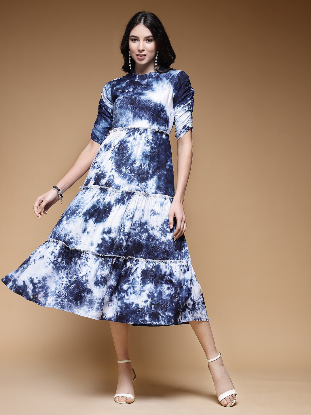 LARGISH Floral Printed Tie-Dye Mandarin Collar Short Sleeves A-Line Midi Dress
